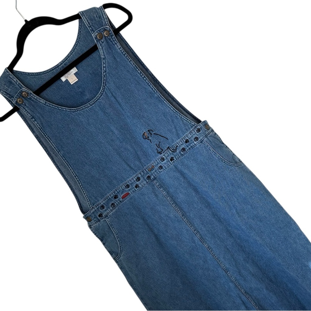 Vtg Christopher & Banks Denim Jumper Dress Dog Pet 00’s Embroidered Maxi Sz‎ L